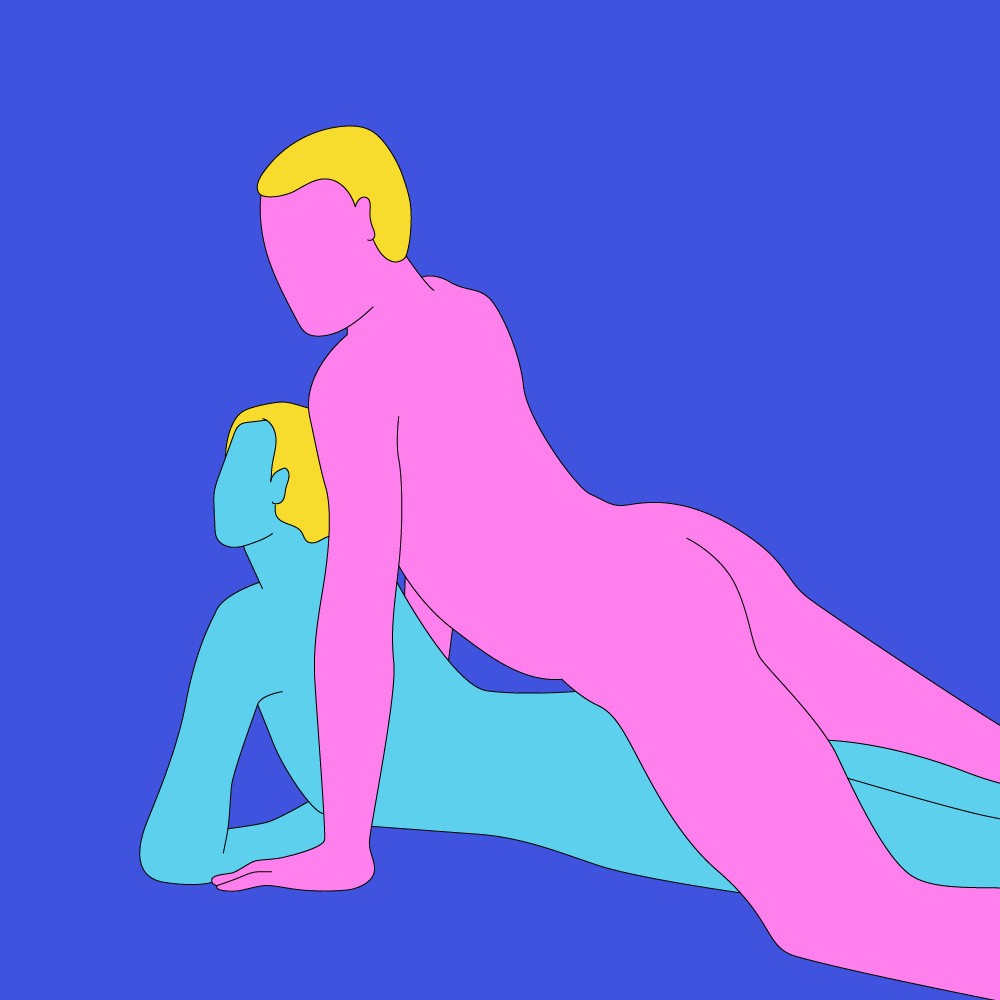 A naked illustrated couple in a lying down variation of the doggy style sex position.